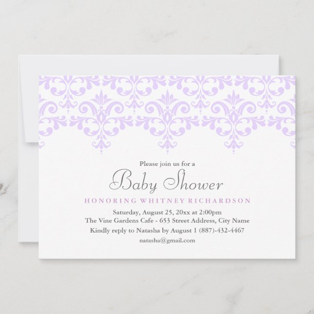 Elegante invitación Baby Shower a Damasco Morado (Anverso)