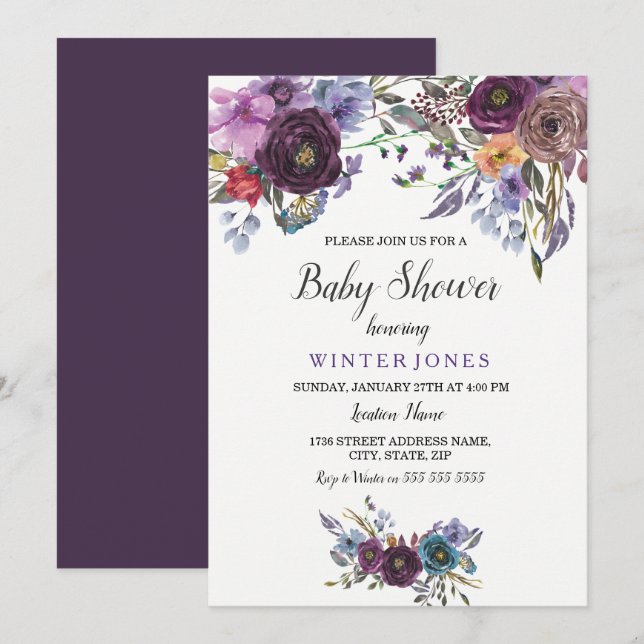 Elegante Invitación Baby Shower a la floral violet (Anverso / Reverso)