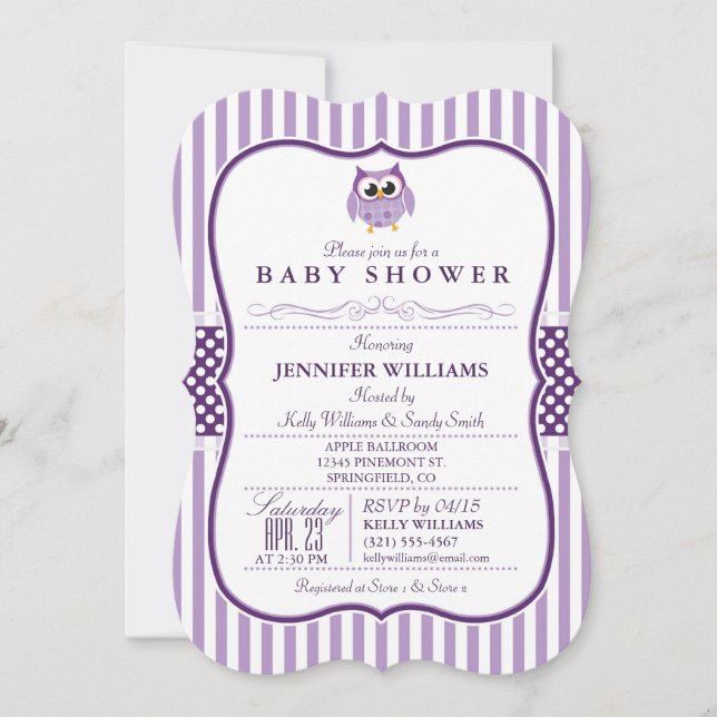 Elegante invitación Baby Shower a la lechuza púrpu (Anverso)