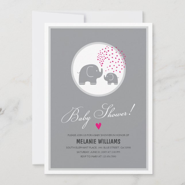 Elegante invitación Baby Shower a los elefantes gr (Anverso)