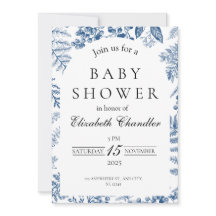 Elegante invitación Baby Shower azul y blanco