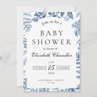 Elegante invitación Baby Shower azul y blanco