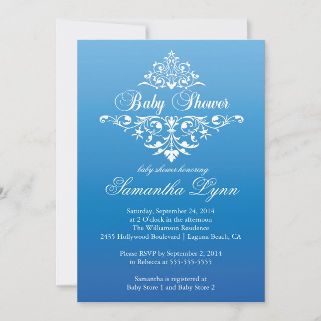 Elegante invitación Baby Shower color azul naranja (Anverso)