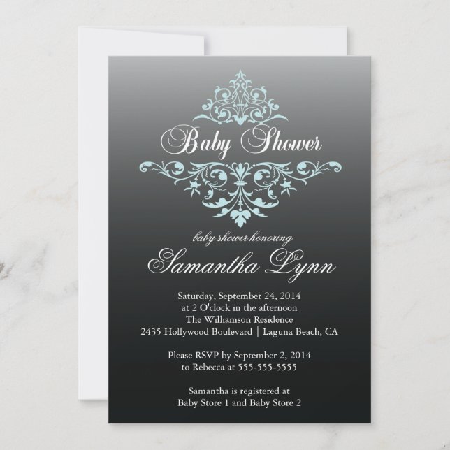 Elegante invitación Baby Shower color azul negro n (Anverso)