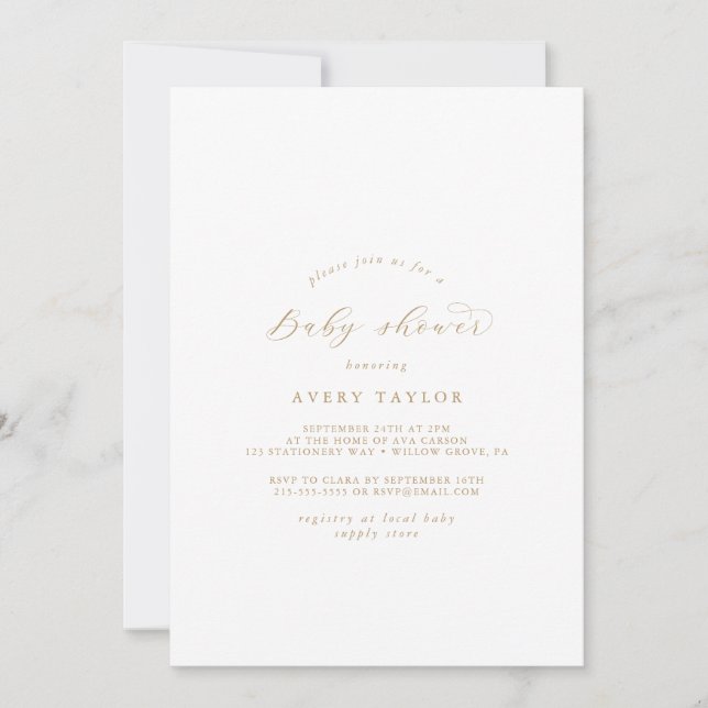 Elegante Invitación Baby Shower con guión dorado (Anverso)