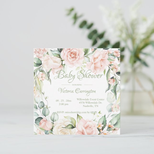 Elegante Invitación Baby Shower de acuarela floral (Anverso de pie)