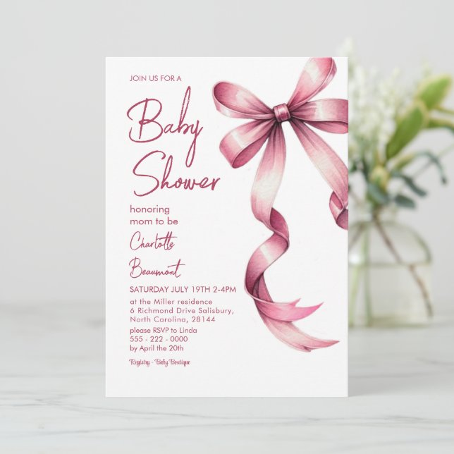 Elegante invitación Baby Shower de cinta rosa (Anverso de pie)