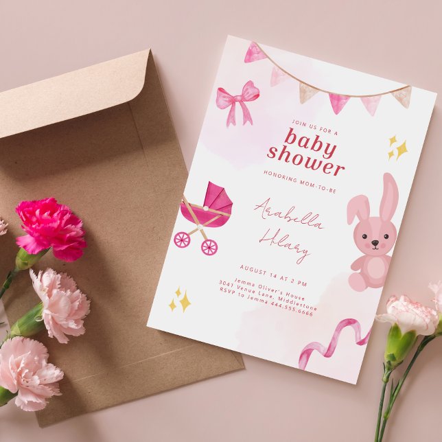Elegante invitación Baby Shower de conejo rosa (Subido por el creador)
