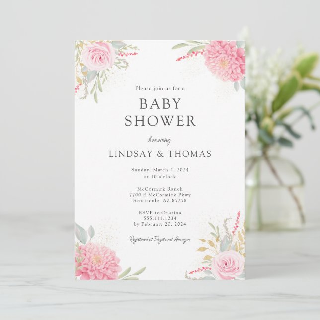 Elegante Invitación Baby Shower de Florales Rosada (Anverso de pie)