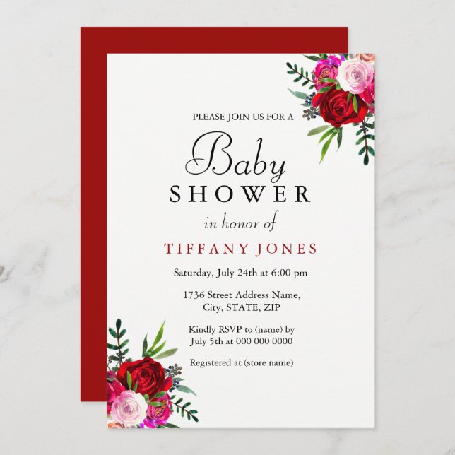Elegante Invitación Baby Shower de Rosa Rojo Flora (Anverso / Reverso)