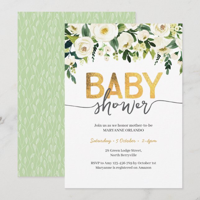 Elegante invitación Baby Shower de rosas blancas (Anverso / Reverso)