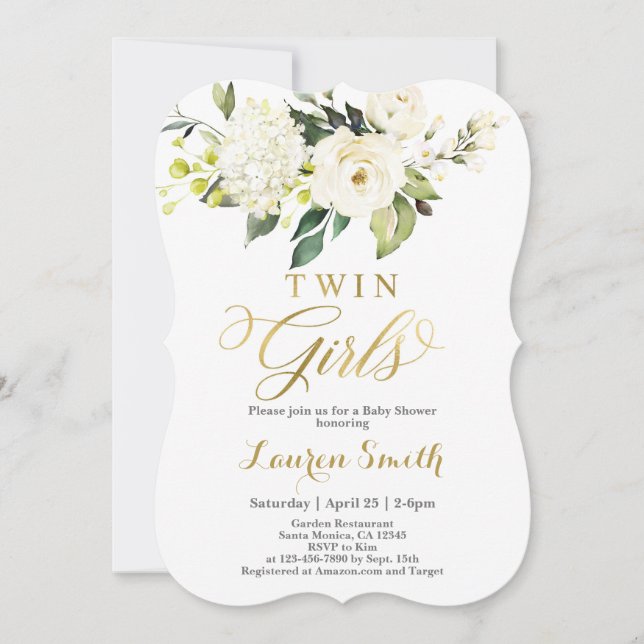 Elegante Invitación Baby Shower en blanco y oro (Anverso)