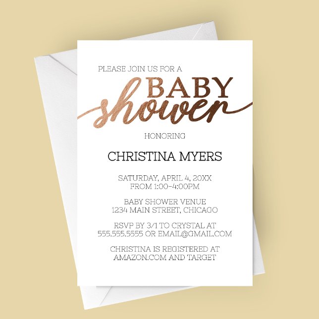 Elegante invitación Baby Shower en bronce minimali (Elegant Bronze Baby Shower Invitation)