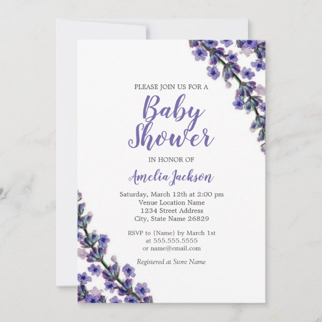 Elegante Invitación Baby Shower morado de Lavanda (Anverso)