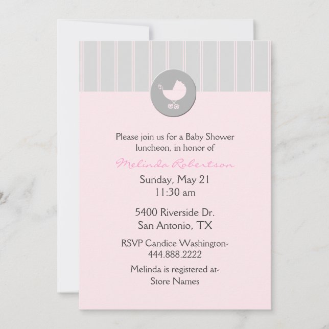 Elegante invitación Baby Shower rosa y gris (Anverso)