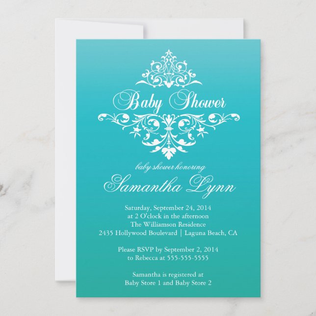 Elegante invitación Baby Shower turquesa de color  (Anverso)