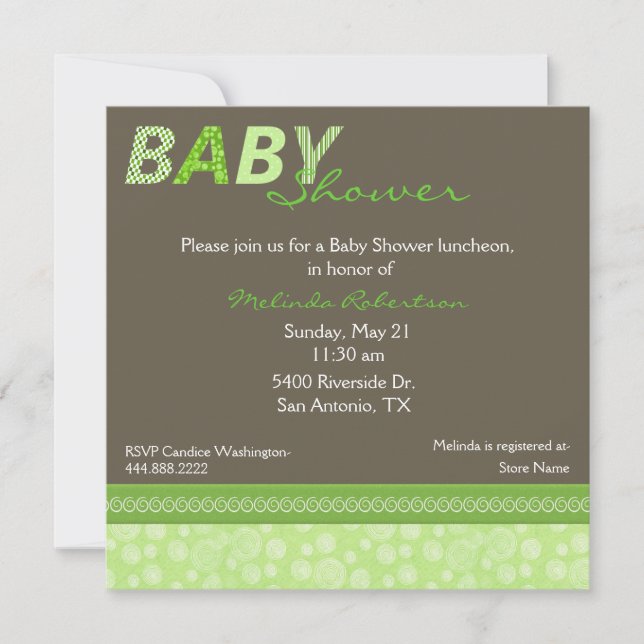 Elegante invitación Baby Shower verde y marrón (Anverso)