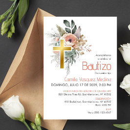 Elegante Invitación Bautizo Cute Boho Cross Baptis