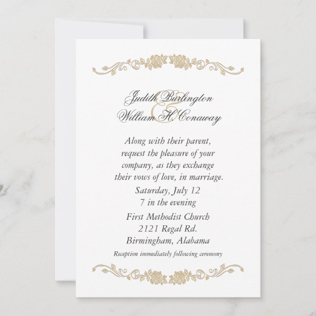 Elegante invitación beige y matrimonio blanco (Anverso)