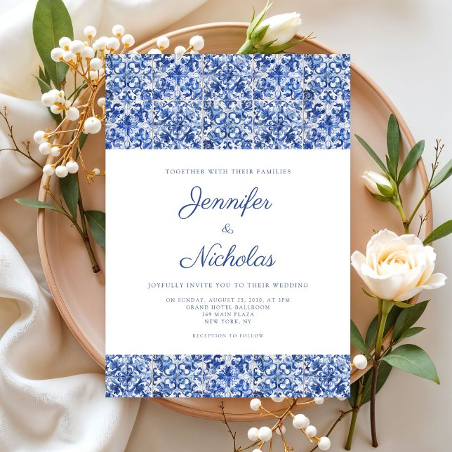 Elegante invitación Boda de azulejos azules medite (Subido por el creador)