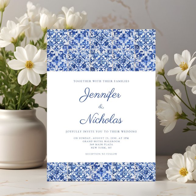 Elegante invitación Boda de azulejos azules medite (Elegant Mediterranean Blue Tiles Wedding Invitation)