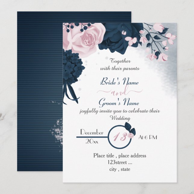 elegante invitación boda de flores azul marino y r (Anverso / Reverso)
