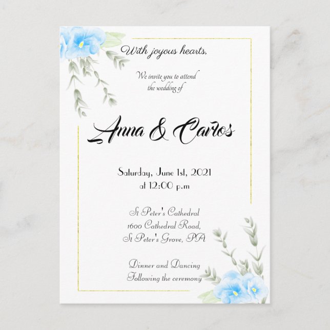 Elegante Invitación boda de flores de Blue Pansy (Anverso)