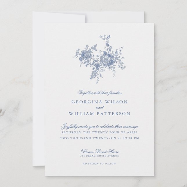 Elegante invitación Boda de jouy floral azul vinta (Anverso)