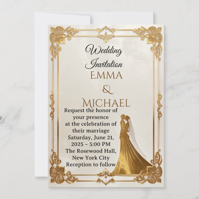 Elegante Invitación Boda de marco dorado (Anverso)