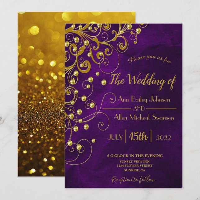 Elegante Invitación Boda de Purpurina Purple Gold (Anverso / Reverso)