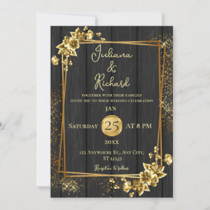 Elegante Invitación Boda Floral de Madera Negra y 