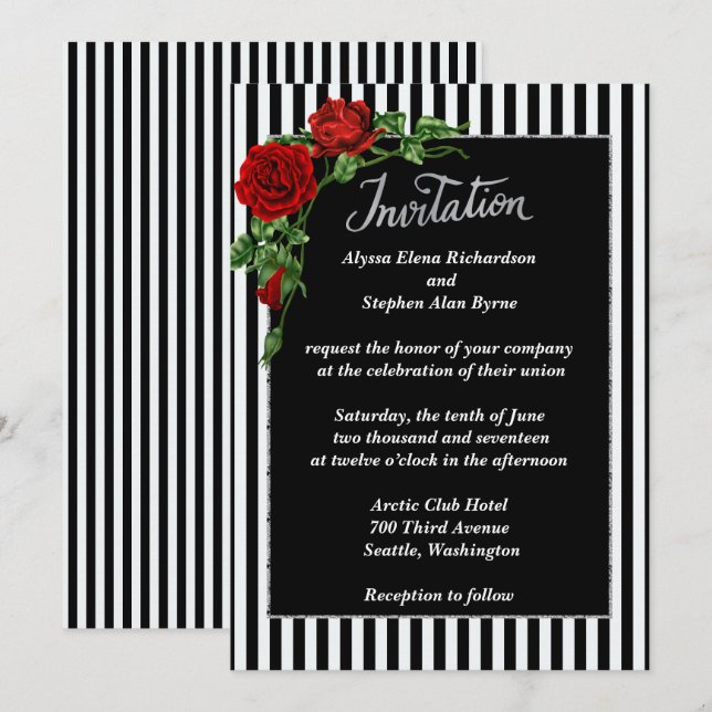 Elegante invitación Boda rosa roja y negra (Anverso / Reverso)