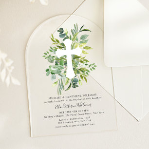 Elegante Invitación Botánica de Cruz para Bautizo
