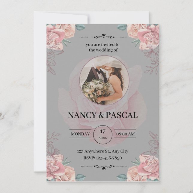 Elegante invitación con acuarelas grises y flores (Anverso)