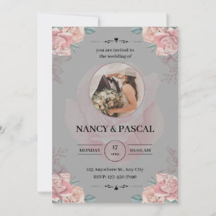 Elegante invitación con acuarelas grises y flores