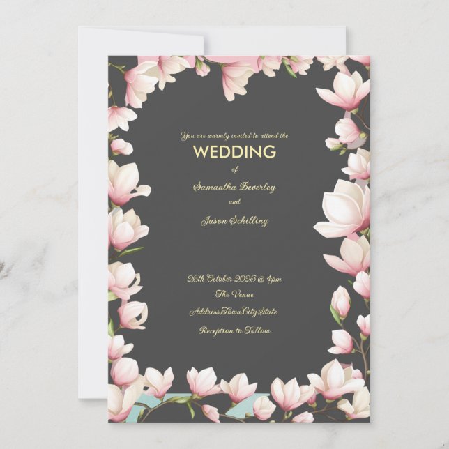Elegante invitación con borde floral de fondo oscu (Anverso)