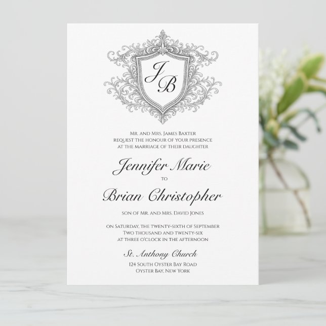 Elegante invitación con cresta monogramada (Anverso de pie)
