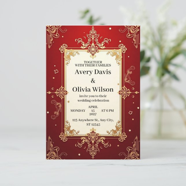Elegante invitación con un audaz fondo rojo. (Anverso de pie)