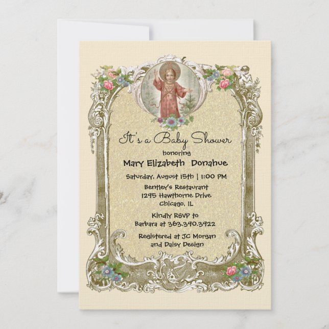 Elegante invitación cristiana floral a Baby Shower (Anverso)