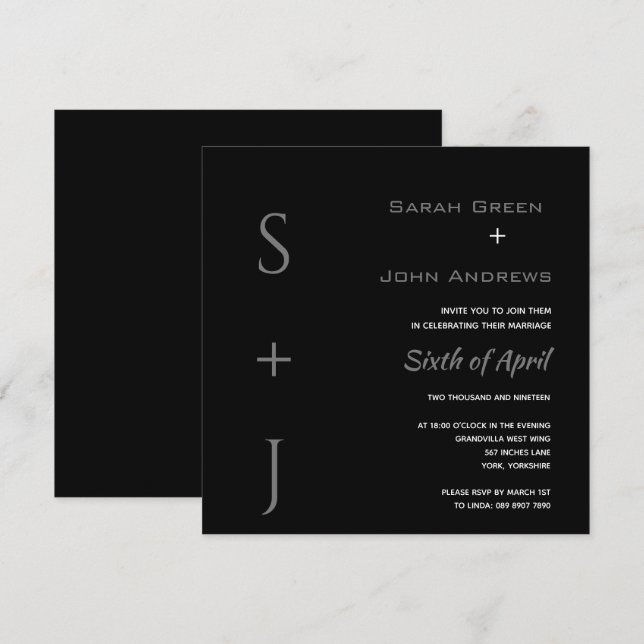 Elegante invitación cuadrada de Boda gris negro (Anverso / Reverso)