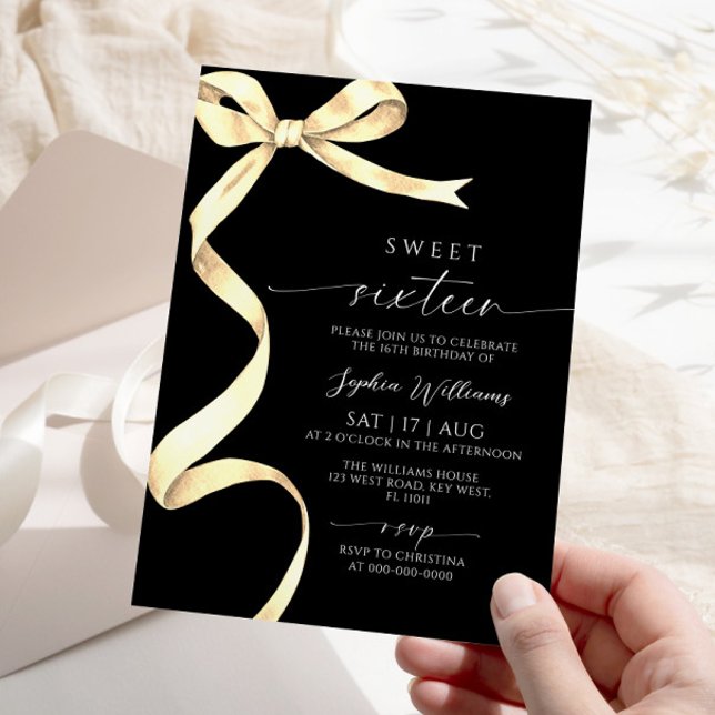 Elegante Invitación de 16 cumpleaños de Gold Bow (Subido por el creador)