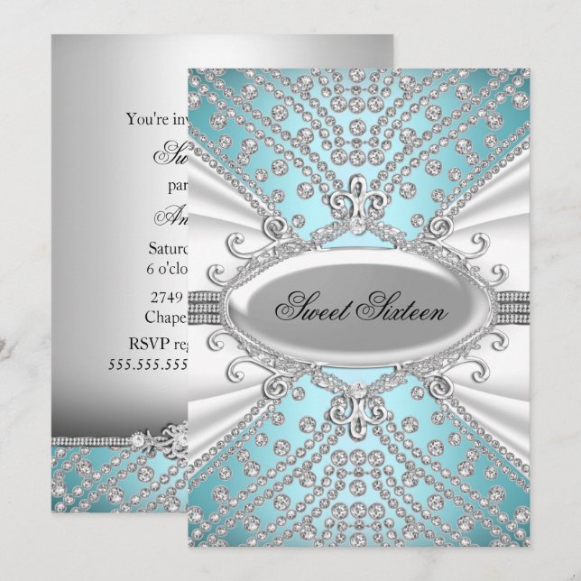Elegante invitación de 16 Fiestas de Diamond Blue  (Anverso / Reverso)