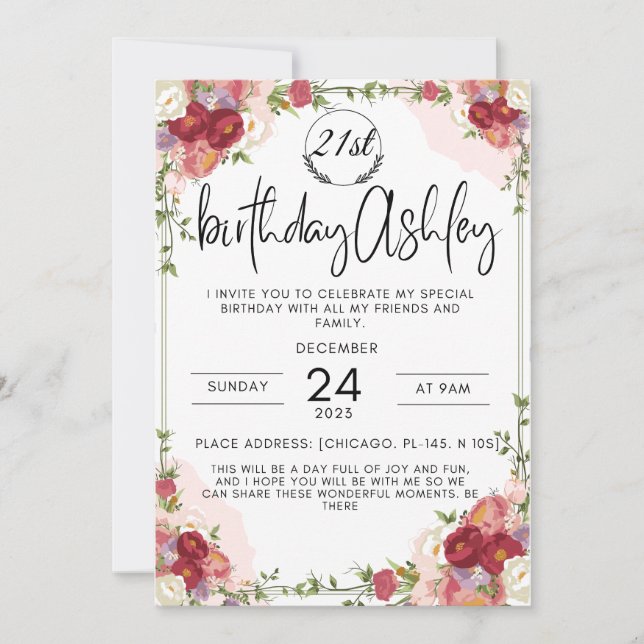 Elegante invitación de 21 años con flores (Anverso)