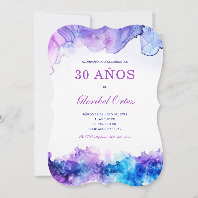 Elegante Invitación de 30 Cumpleaños con Acuarela (Anverso)