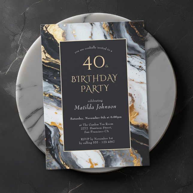 Elegante Invitación de 40 años en negro y oro (Elegant Black and Gold 40th Birthday Invitation)