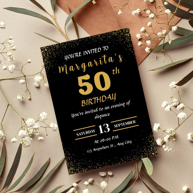 Elegante Invitación de 50 años en negro y oro (Subido por el creador)