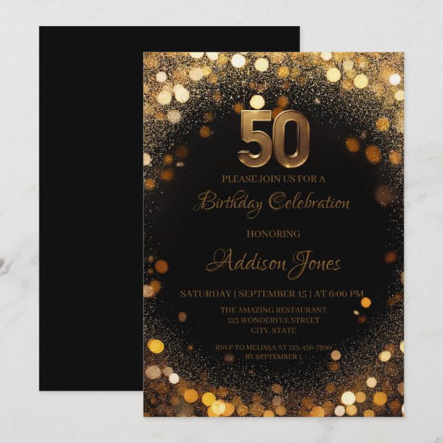 Elegante Invitación de 50 años en negro y oro (Anverso / Reverso)