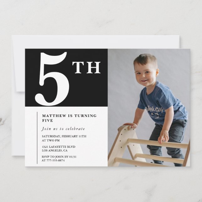 Elegante invitación de 5 años Black Boy Photo (Anverso)