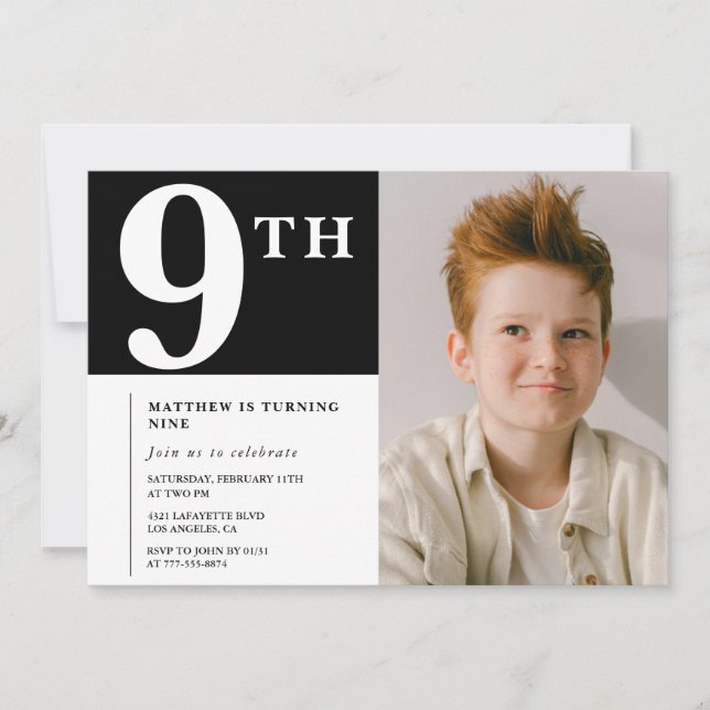 Elegante invitación de 9 años Black Boy Photo (Anverso)