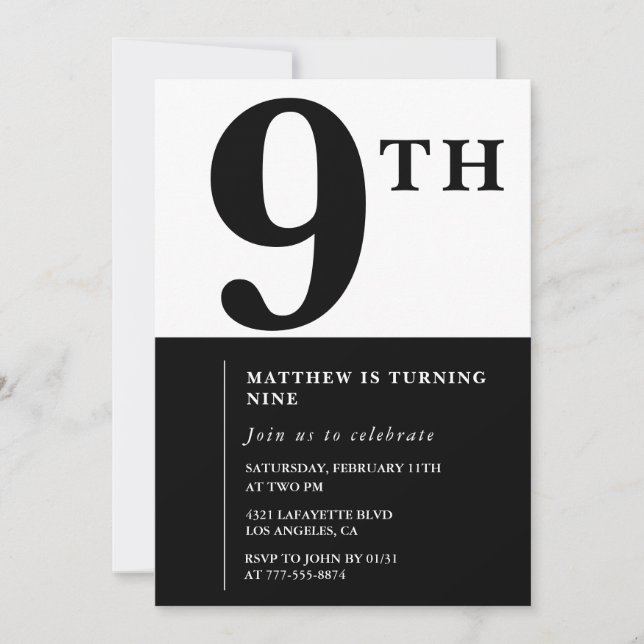 Elegante invitación de 9 años Moda negra moderna (Anverso)